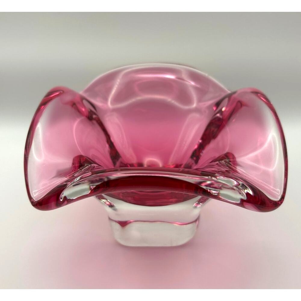 Art Glass Clear / Cranberry Glass Rolled Edge Ash Tray Candy Dish Trinket Dish